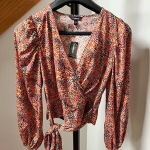 EXPRESS Silk blouse Tie Waist Patterned Blouse, size S